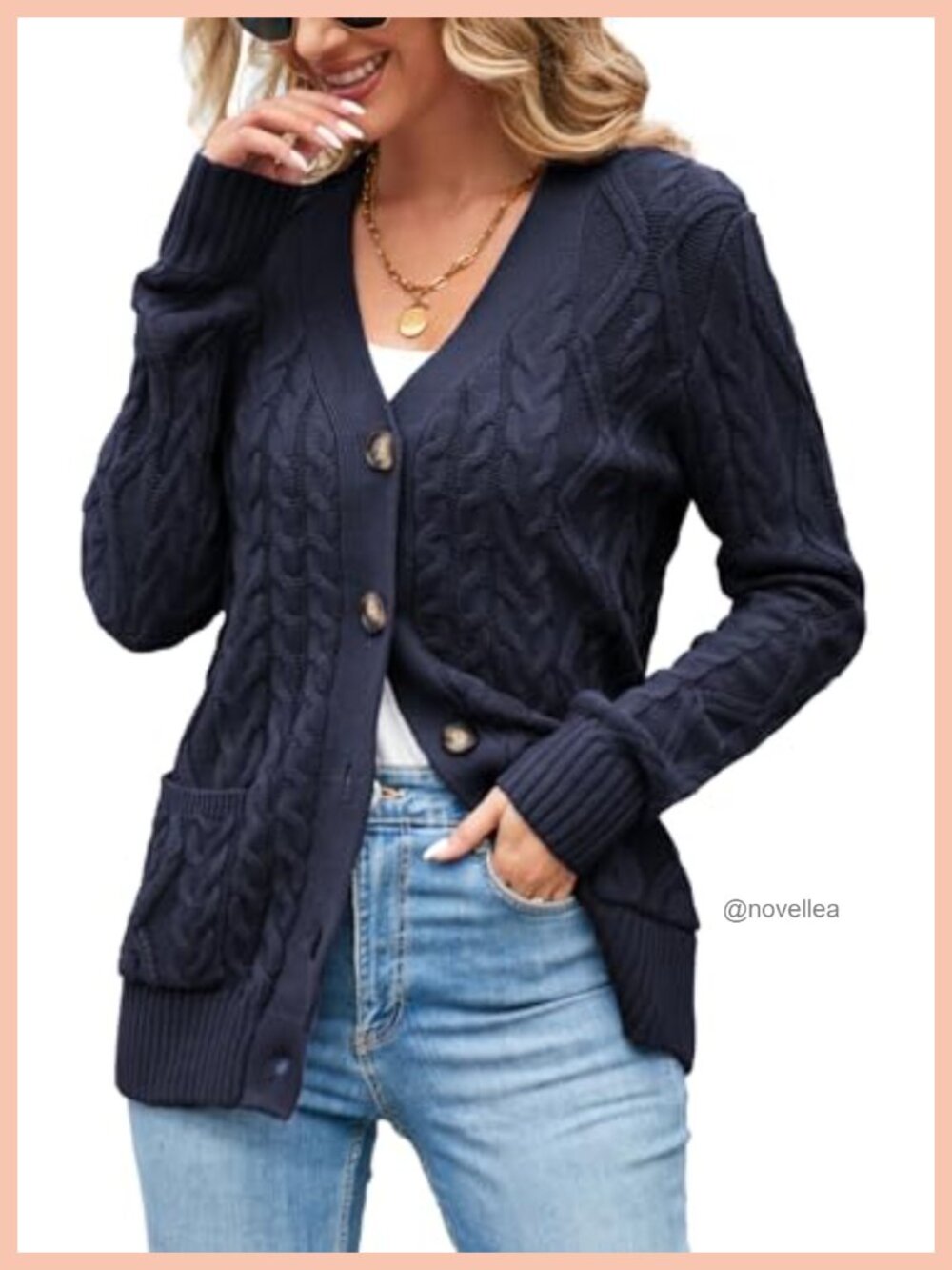Womens Chunky Cable Knit Button Up Cardigan Long Sleeve V-Neck Sweater